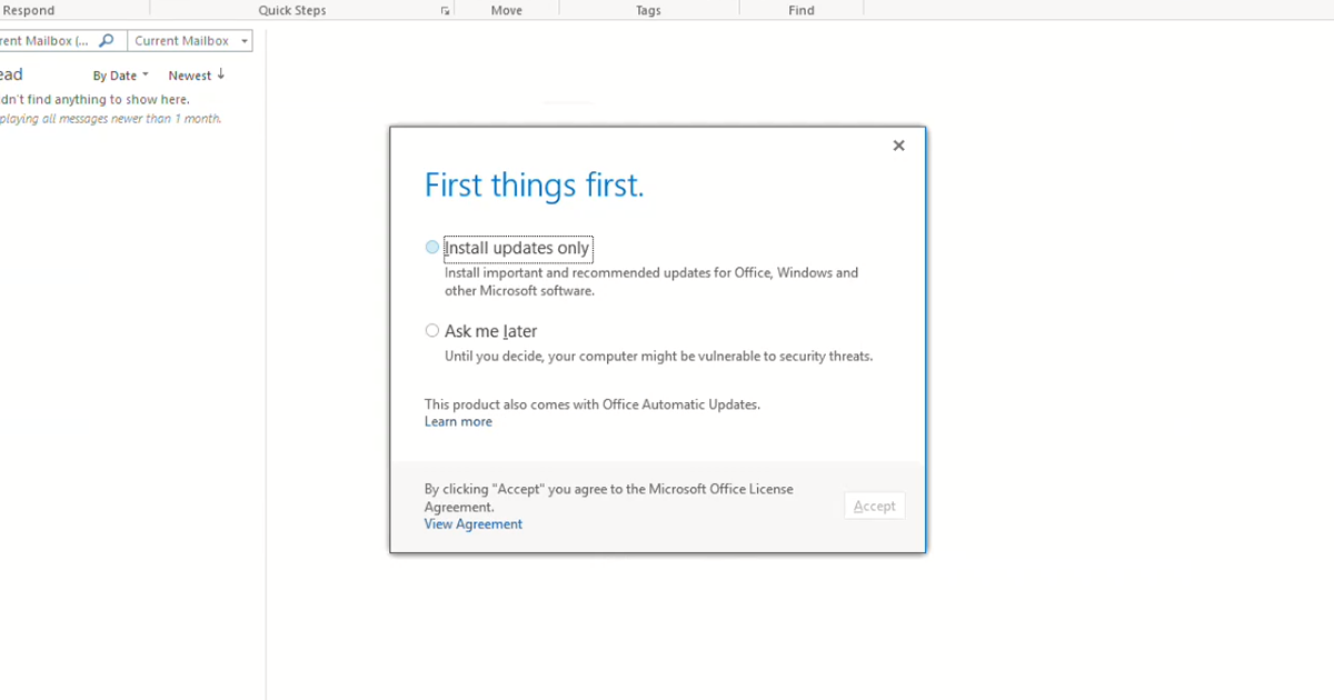Microsoft Outlook - "First Things First" Pop-up.